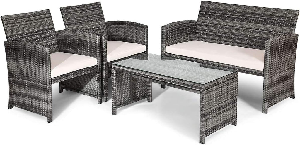 Goplus Rattan Patio Furniture Set 4 Pieces, Outdoor Wicker Conversation Sofa and Table Set with Soft Cushions & Tempered Glass Coffee Table for Balcony Garden Backyard (Beige(Mixed Color Wicker))