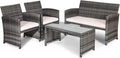Goplus Rattan Patio Furniture Set 4 Pieces, Outdoor Wicker Conversation Sofa and Table Set with Soft Cushions & Tempered Glass Coffee Table for Balcony Garden Backyard (Beige(Mixed Color Wicker))