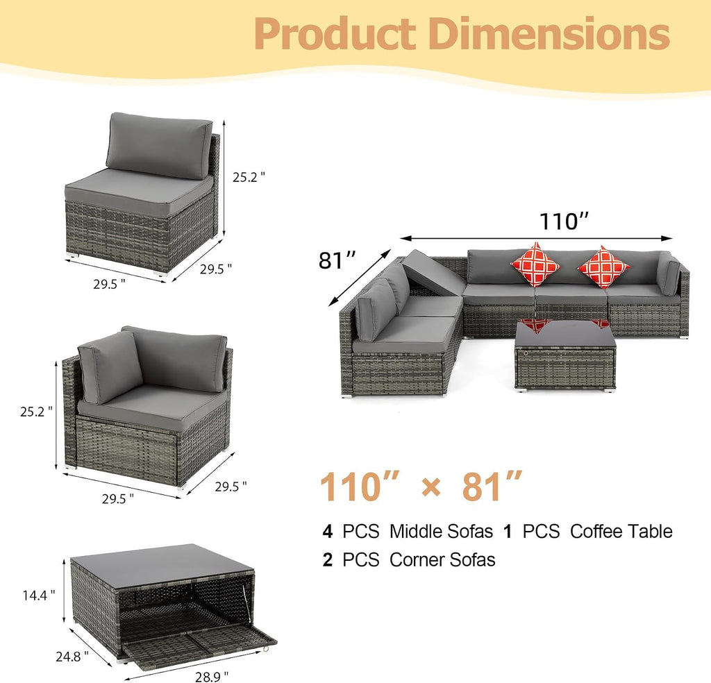 HOMREST 7 Piece Patio Furniture Set with Adjustable Bracket All-Weather Wicker Conversation Set with Coffee Table for Porch Garden Backyard (Gray)