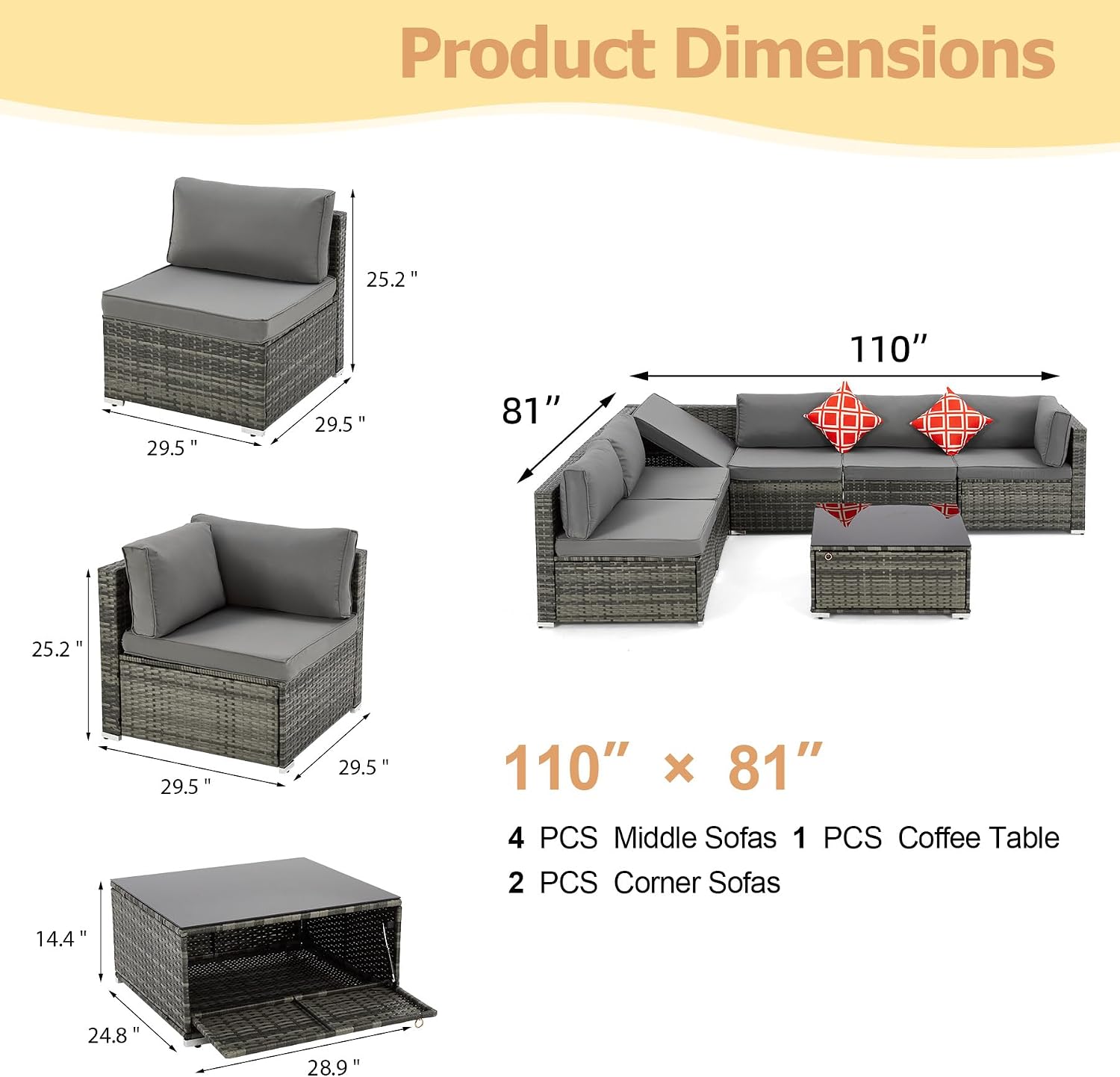 HOMREST 7 Piece Patio Furniture Set with Adjustable Bracket All-Weather Wicker Conversation Set with Coffee Table for Porch Garden Backyard (Gray)