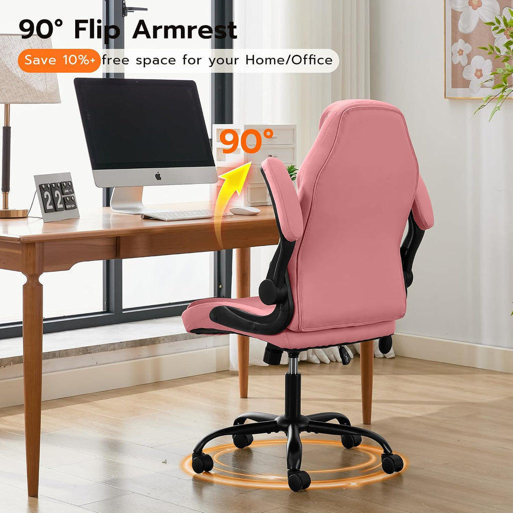 Ylzyxal Office Desk Chair, Ergonomic Computer Chair with Padded Flip-Up Arms and Adjustable Lumbar Support, PU Leather Executive Chair with Tilt Lock and 360° Swivel Rolling Wheels for Work, Study