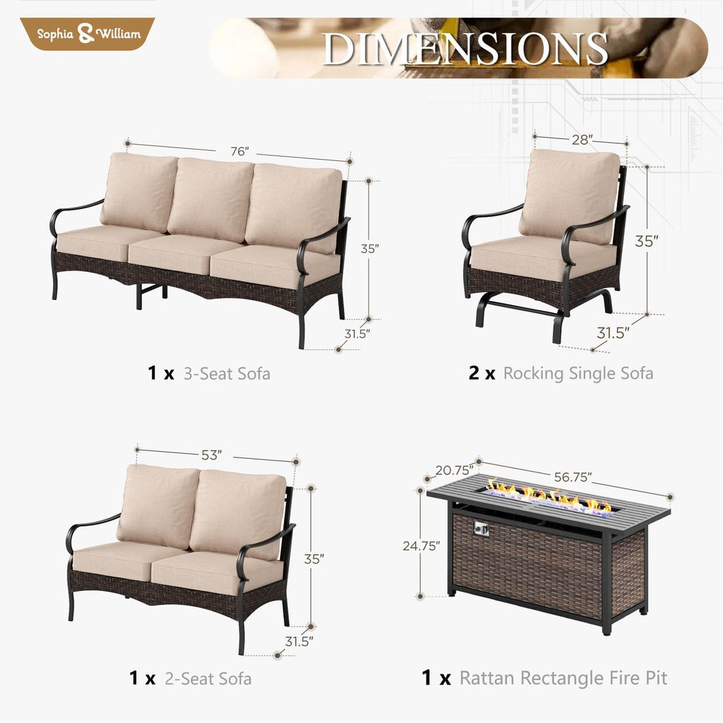Sophia & William Patio Furniture Set with Fire Pit Table, 5 PCS Metal Outdoor Conversation Set with Fire Pit Table, 2 Sofa Chairs,1 Loveseat, 3-Seater Couch for Outdoor Seating, Backyard, Porch