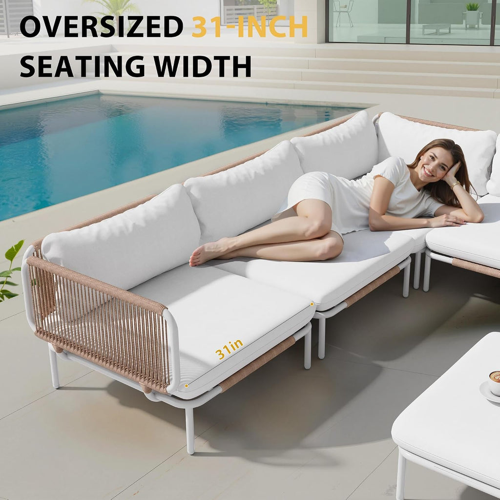 Patio Furniture Set, Outdoor Patio Furniture 31' Oversized Metal Patio Sectional Sofa, 2-Seat Conversation Set with Cushion, Beige