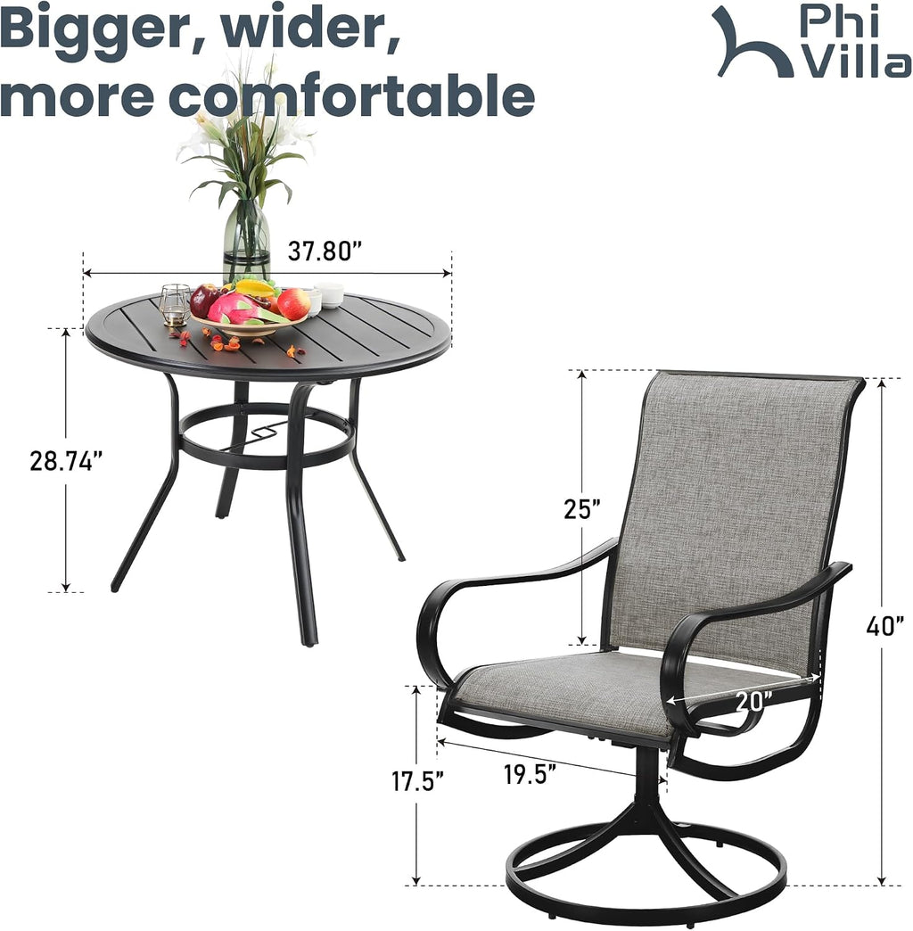 PHI VILLA 5 Piece Patio Dining Set, 4 Swivel Patio Chairs and 1 Round Metal Table with 1.57' Umbrella Hole, All Weather Resistant for Lawn Garden