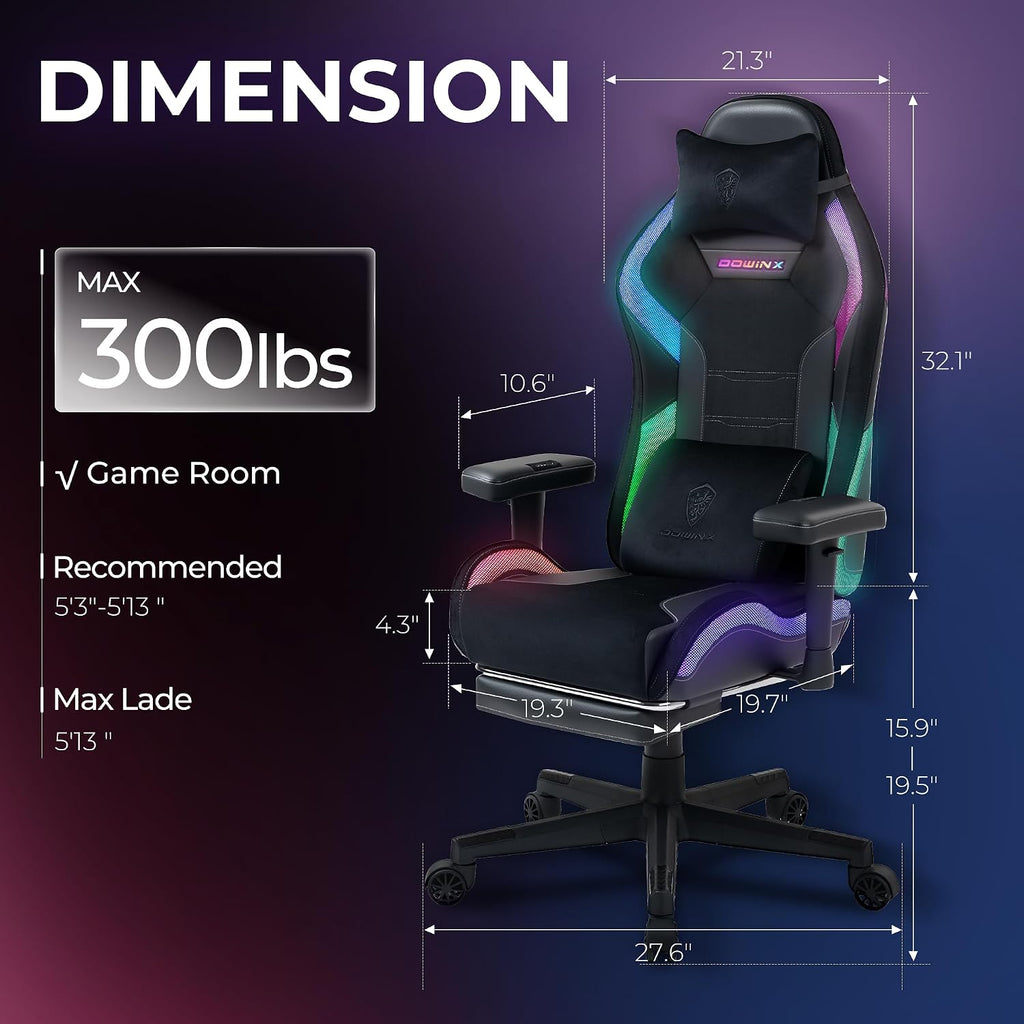 Dowinx Gaming Chair with RGB LED Lights, Ergonomic Game Chair with Footrest Massage Lumbar Support, Computer Gamer Chair for Adults Teens, Black