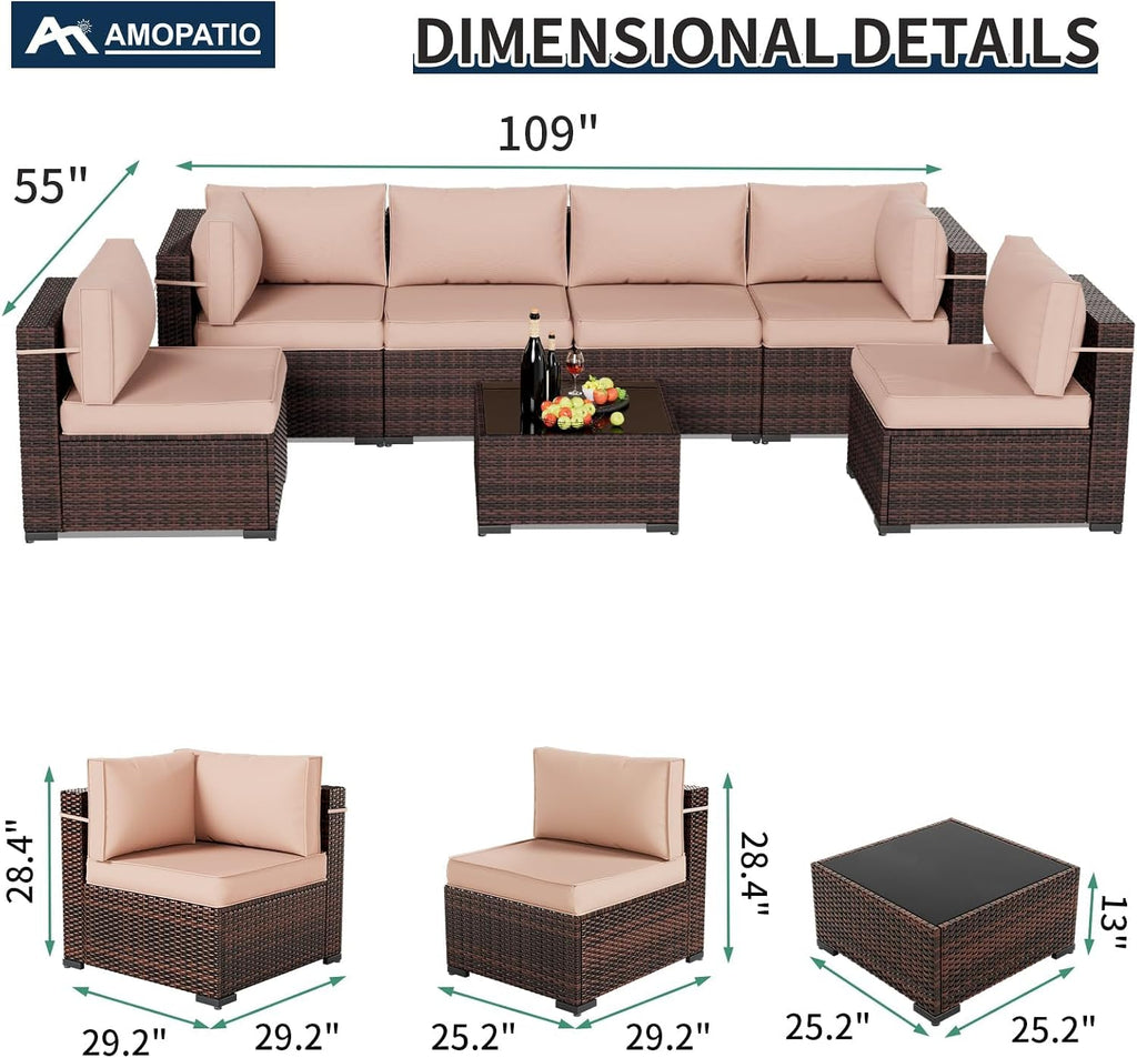 Amopatio Outdoor Patio Furniture Set 7 Pieces Patio Conversation Set Sectional Couch Sofa with All-Weather Cover, Glass Table & Thicken Cushion Fits Garden Yard Porch