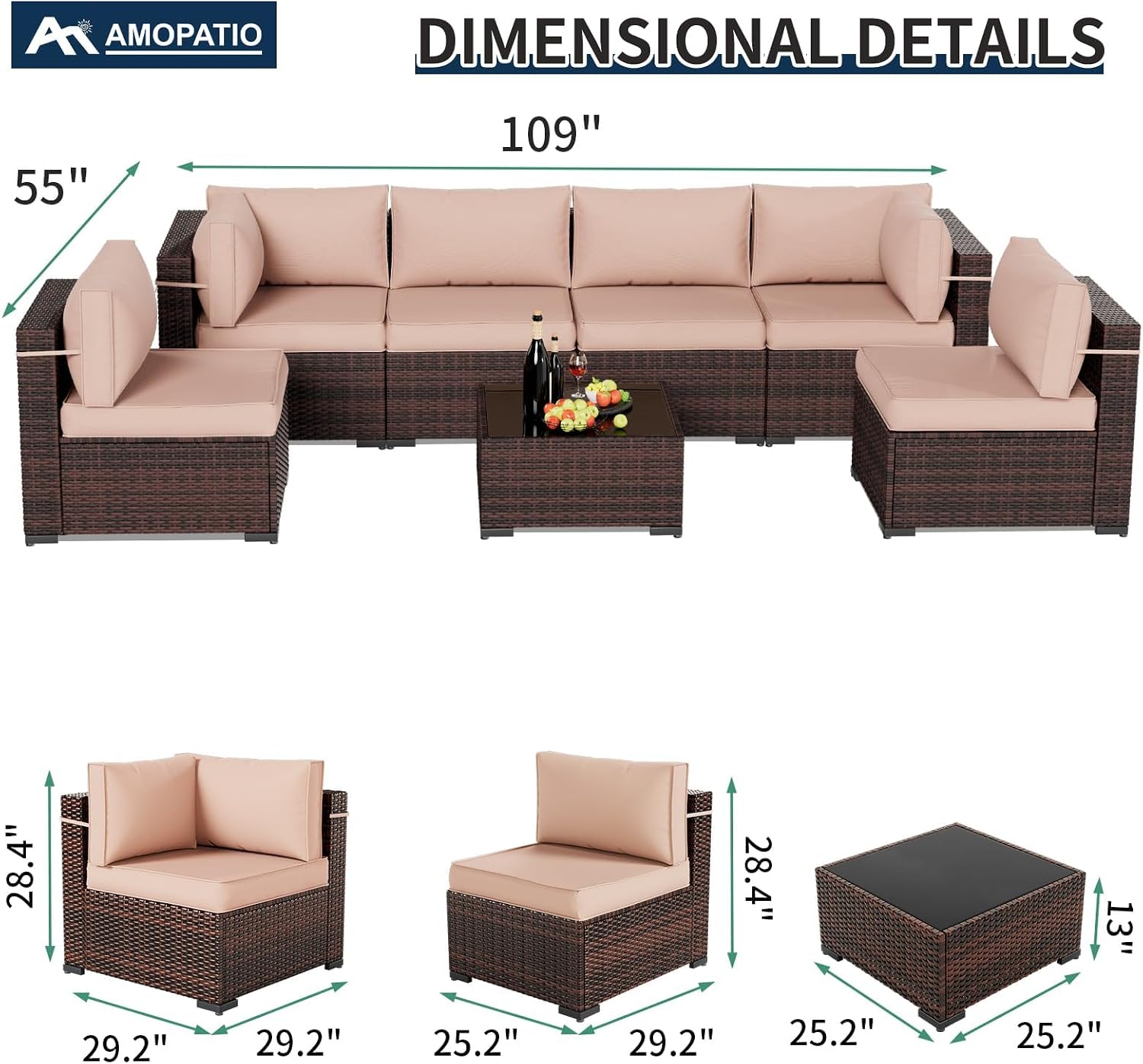 Amopatio Outdoor Patio Furniture Set 7 Pieces Patio Conversation Set Sectional Couch Sofa with All-Weather Cover, Glass Table & Thicken Cushion Fits Garden Yard Porch