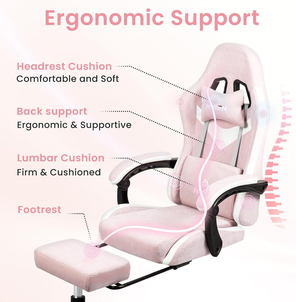 N-GEN GAMING Video Gaming Chair Office Computer Desk Use Ergonomic Reclining Backrest Adjustable Armrests Lumbar Support Footrest High Density Foam Breathable Fabric Heavy Duty Base (Pink)