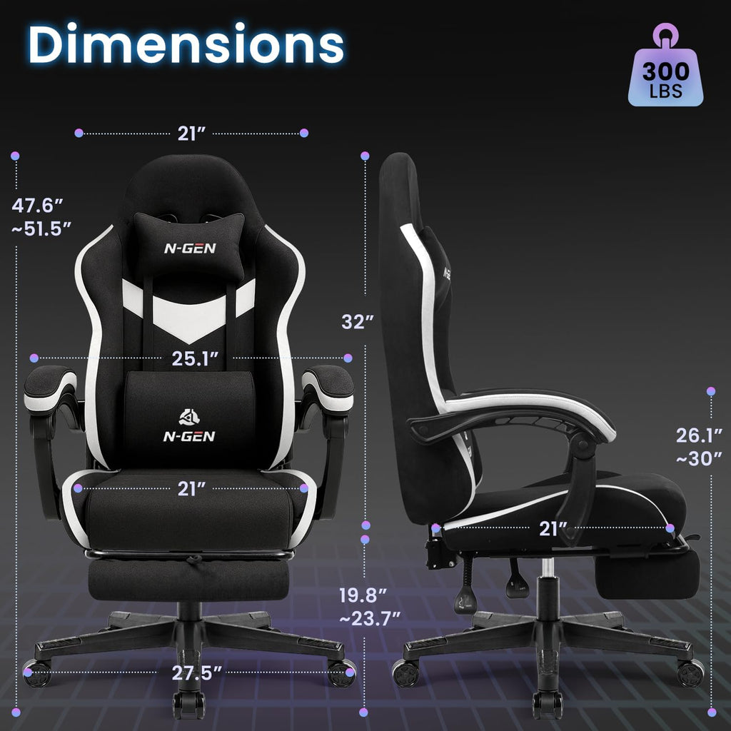 N-GEN GAMING Video Gaming Chair Office Computer Desk Use Ergonomic Reclining Backrest Adjustable Armrests Lumbar Support Footrest High Density Foam Breathable Fabric Heavy Duty Base (Black)