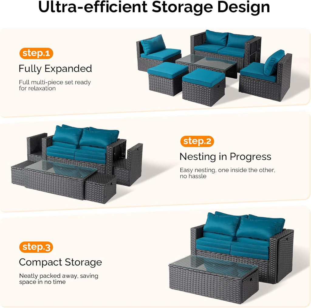 VINGLI 6 Pieces Wicker Patio Furniture Set, Outdoor Sectional Furniture Patio Conversation Set Space-Saving Design with Ottomans and Coffee Table for Garden,Poolside, Backyard (Black)