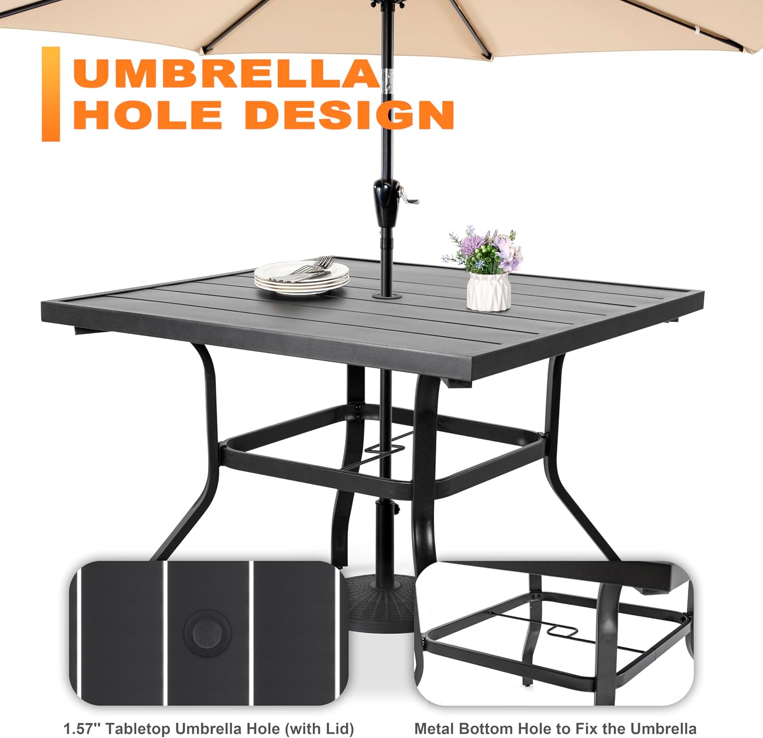 NUU GARDEN 5-Piece Outdoor Patio Furniture Dining Set, 37' Square Metal Table with 1.6' Umbrella Hole and 4 Textilene Padded Chairs, All-Weather Dining Set for Backyard, Deck, Garden, Blue
