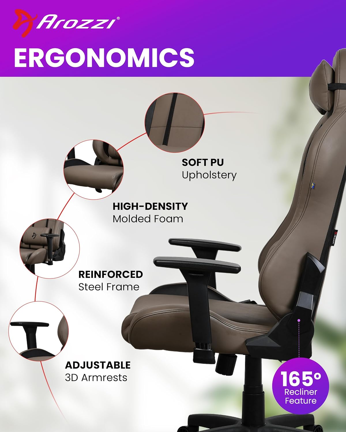 Arozzi Torretta Gaming Chair - Soft PU Ergonomic Gaming Chair for Adults Adjustable Backrest with Neck & Lumbar Pillows - Swedish Design Home Office Setup Professional Computer Chairs, Brown