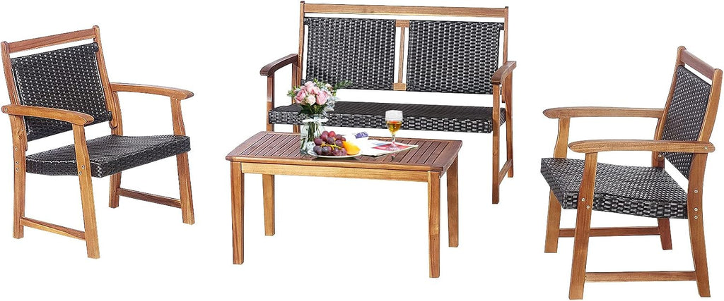 Tangkula 4 Pieces Patio Rattan Conversation Set with Acacia Wood Frame, Patiojoy Outdoor Furniture Set with Chairs & Coffee Table, Sectional Furniture Set for Garden, Backyard, Poolside
