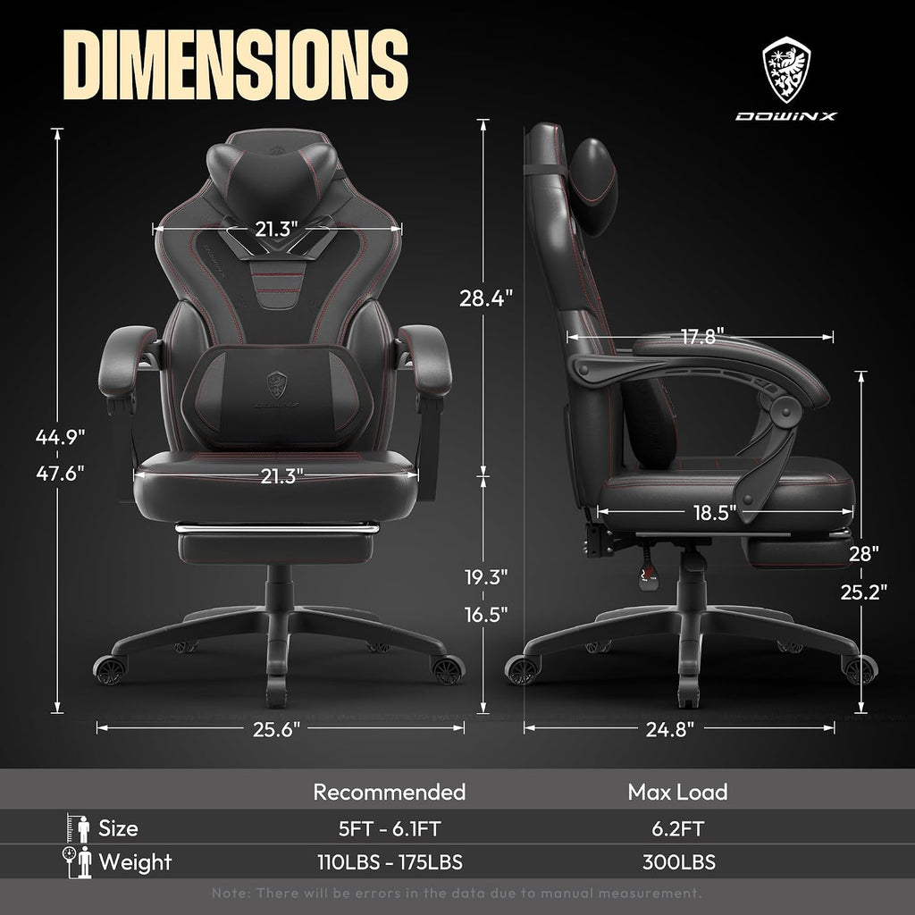 Dowinx Gaming Chair with Footrest, Game Chair for Heavy People, Gamer Chair for Adult with Massage, Computer Gaming Chair with PU, PC Game Chairs for 200lbs (Black)