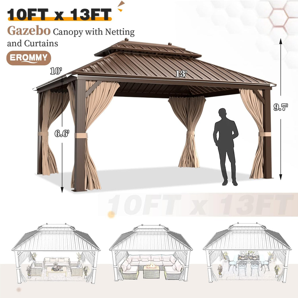 EROMMY 10 x 13FT Hardtop Gazebo with Galvanized Steel Double Roof Canopy,Aluminum Frame Netting and Curtains Included Outdoor Permanent Metal Pavilion for Parties Deck and Lawns
