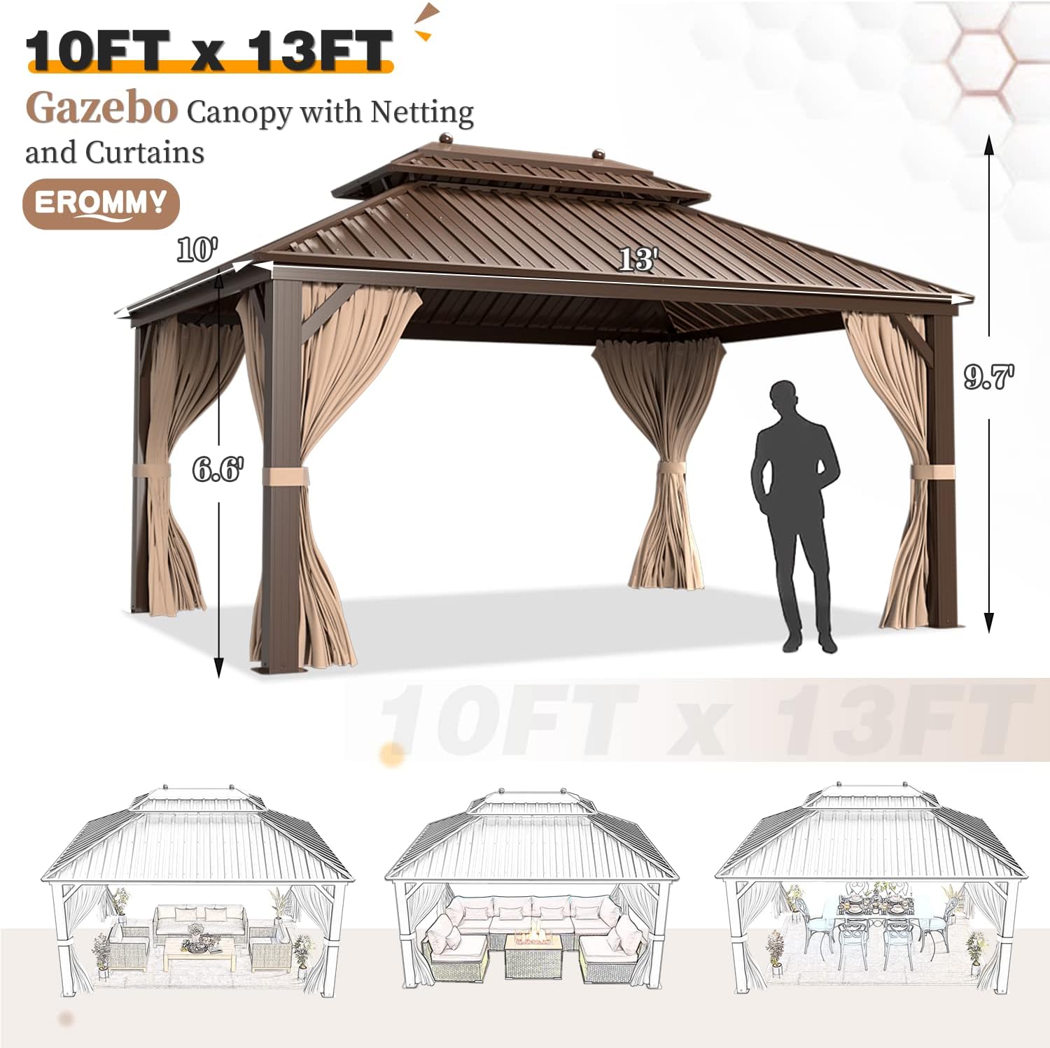 EROMMY 10 x 13FT Hardtop Gazebo with Galvanized Steel Double Roof Canopy,Aluminum Frame Netting and Curtains Included Outdoor Permanent Metal Pavilion for Parties Deck and Lawns