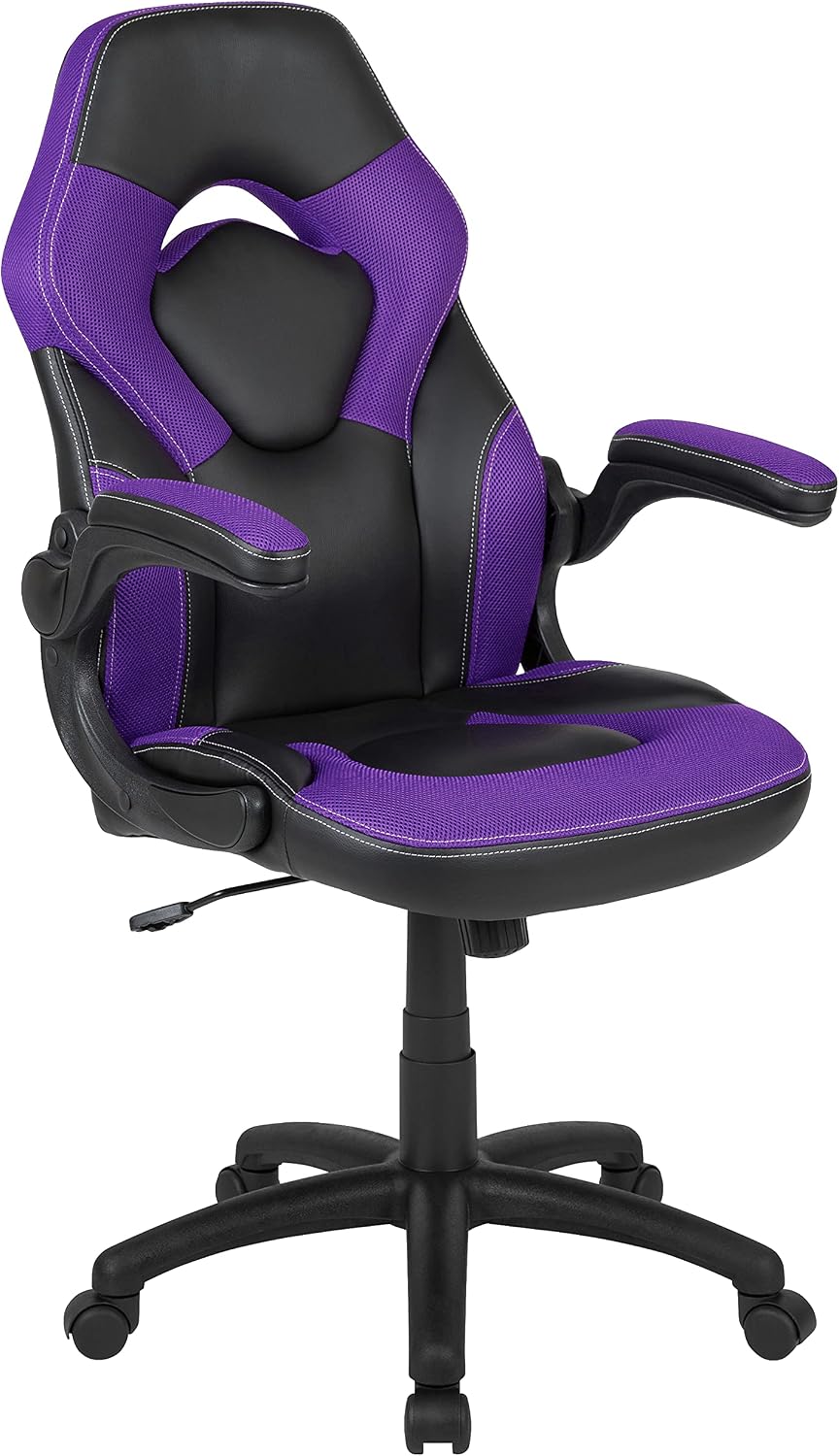 Flash Furniture X10 Gaming Chair Racing Office Ergonomic Computer PC Adjustable Swivel Chair with Flip-up Arms, Purple/Black LeatherSoft