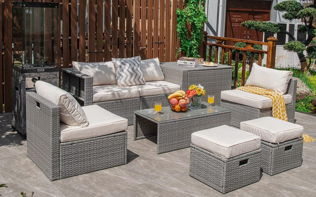Tangkula 8 Piece Patio Wicker Furniture Set, Patiojoy Space Saving Outdoor PE Rattan Conversation Set with Storage Box & Waterproof Cover, Coffee Table, 2 Ottomans, 2 Armless Sofas & 2 Corner Sofas