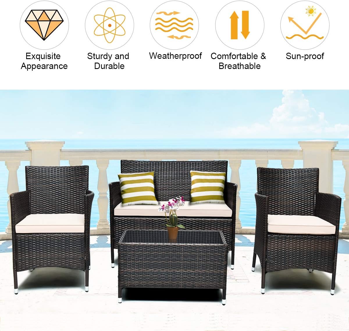 Tangkula 8 PCS Patio Rattan Conversation Set, Outdoor Wicker Furniture Set with Tempered Glass Coffee Table &Thick Cushion, Rattan Chair Wicker Set for Garden, Lawn, Poolside and Backyard (2, Brown)