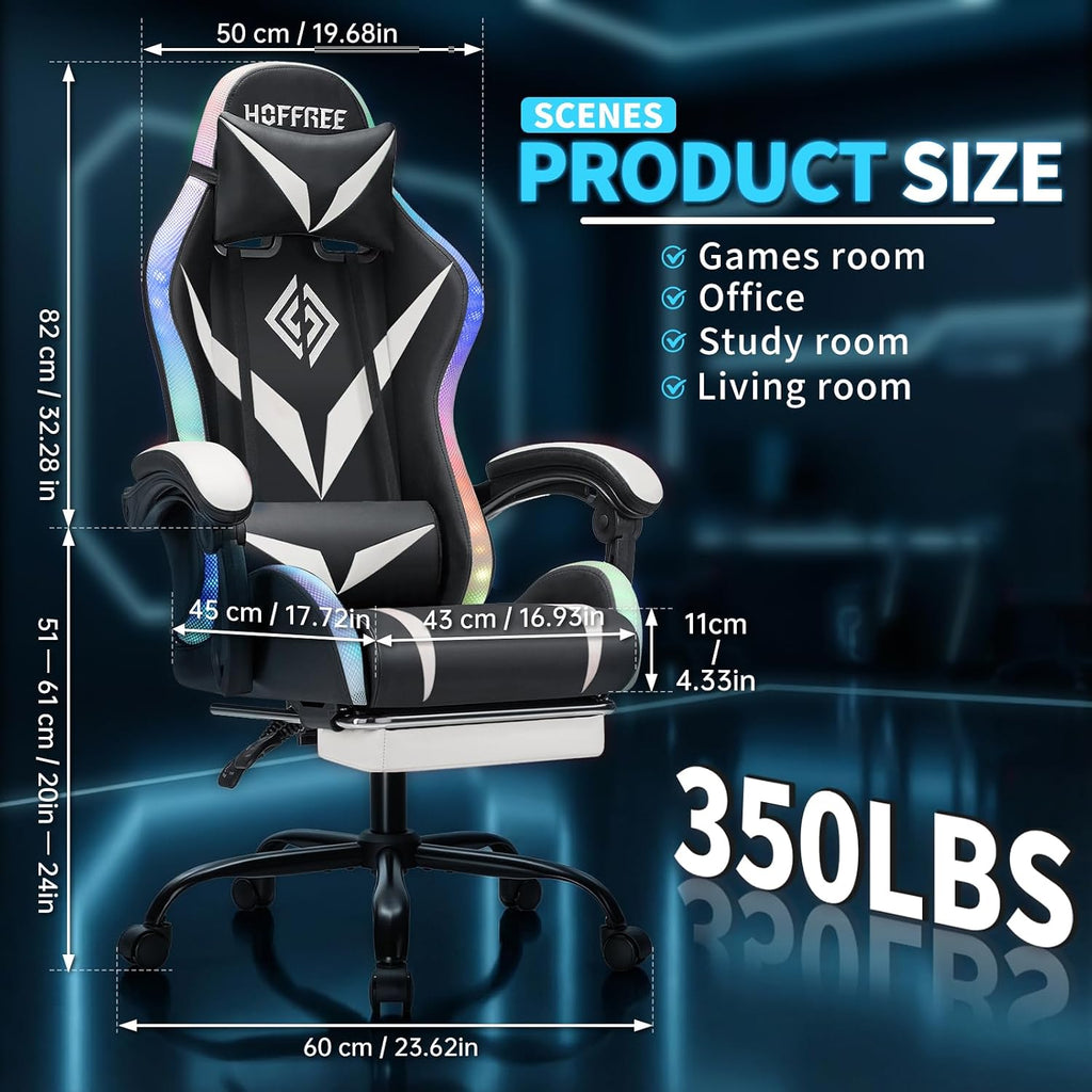 RGB Gaming Chair with Massage and LED Lights Ergonomic Computer Chair with Footrest Reclining High Back Video Game Chair for Adults with Adjustable Lumbar Support White and Black