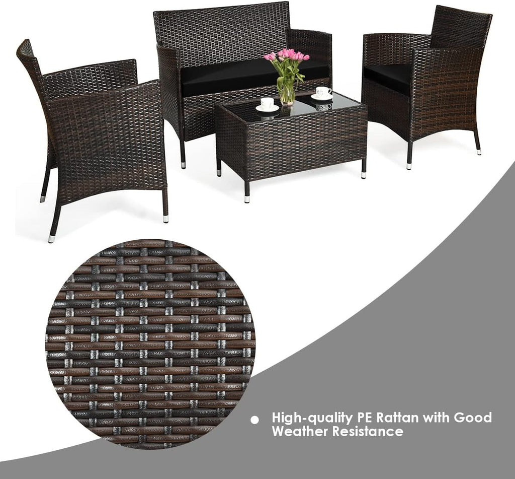 HAPPYGRILL 4 Pieces Patio Sofa Set Rattan Wicker Furniture Patio Conversation Set with Cushioned Sofa and Coffee Table for Outdoor Backyard Garden Poolside