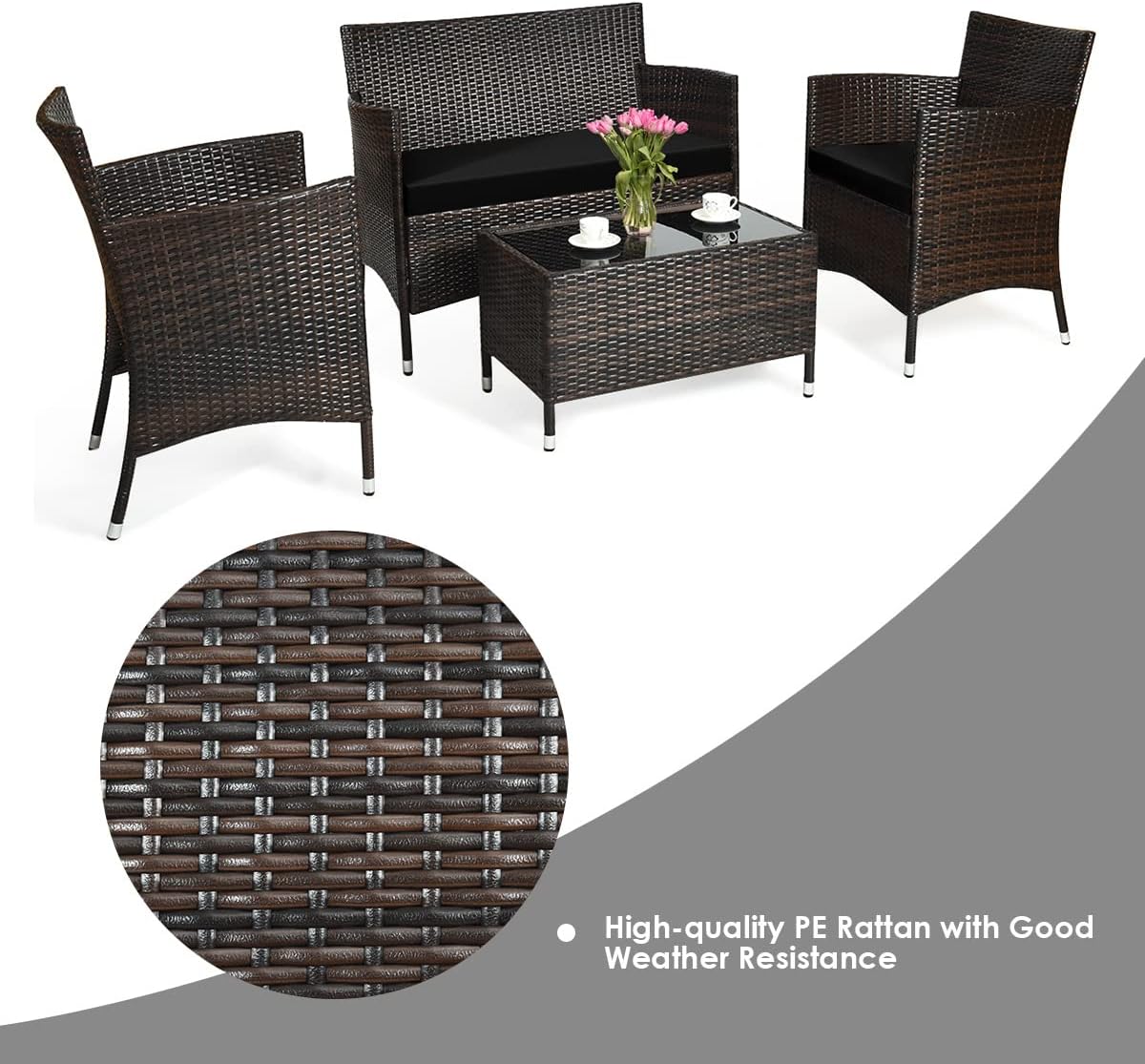 HAPPYGRILL 4 Pieces Patio Sofa Set Rattan Wicker Furniture Patio Conversation Set with Cushioned Sofa and Coffee Table for Outdoor Backyard Garden Poolside