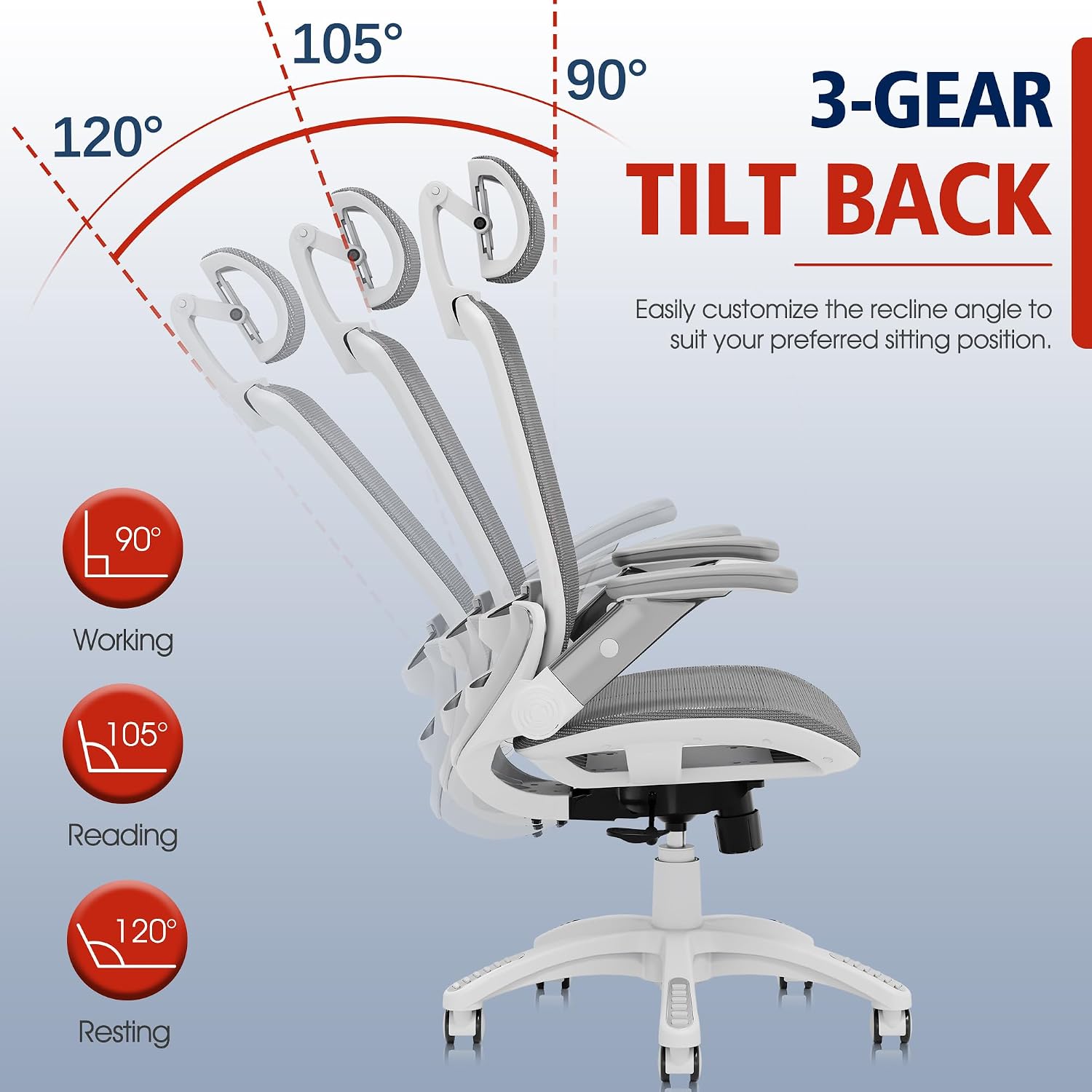 GABRYLLY Ergonomic Office Chair, High Back Home Desk Chair with Headrest, Flip-Up Arms, 90-120° Tilt Lock and Wide Cushion, 300LBS Mesh Chairs for Man Woman, White Task Chair(Dark Grey,GY01WDG)