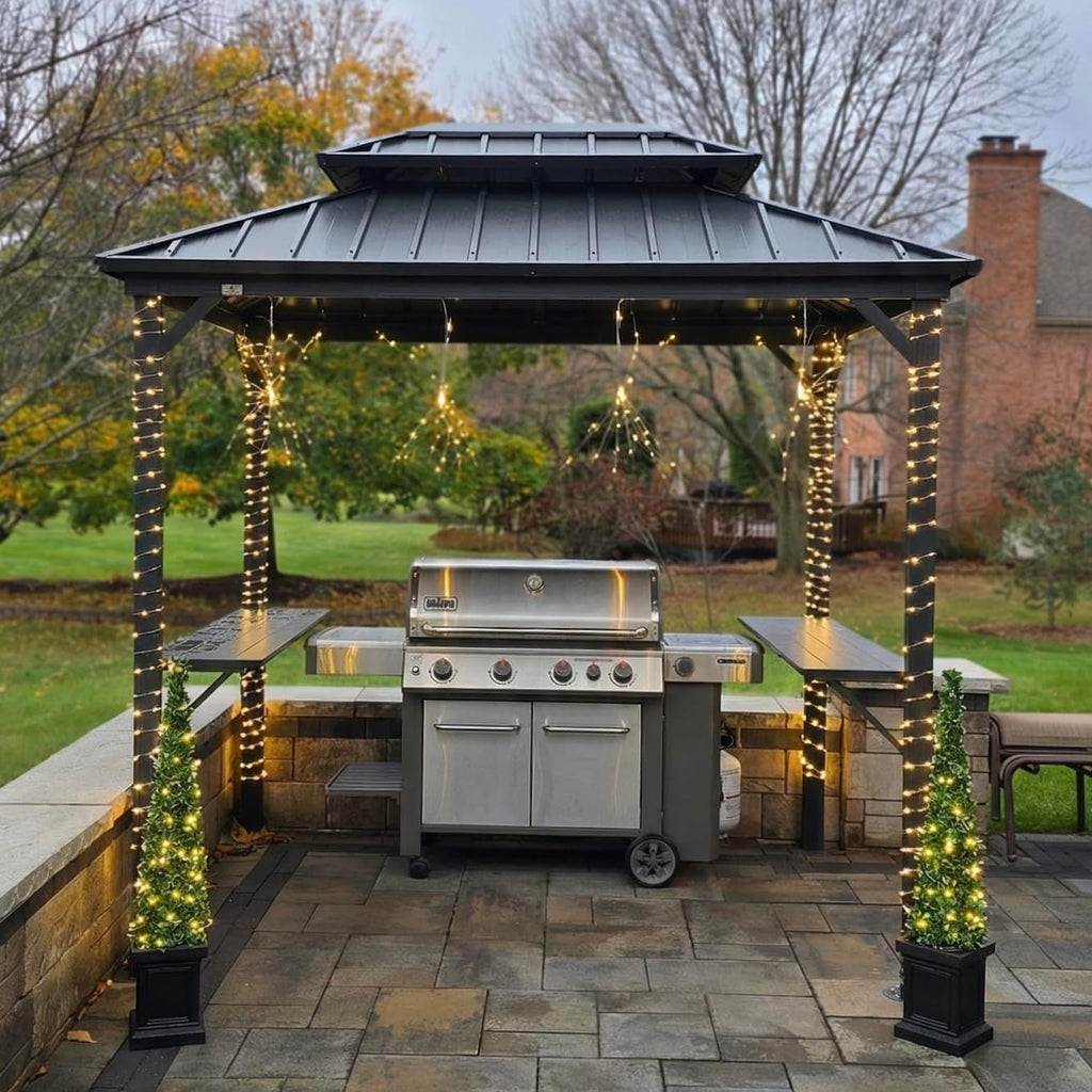 PURPLE LEAF 6' X 8' Hardtop Grill Gazebo for Patio Permanent Aluminum Barbeque Shelter Canopy with Ceiling Hook and Shelves Double Tiered Grey Outdoor BBQ Gazebo