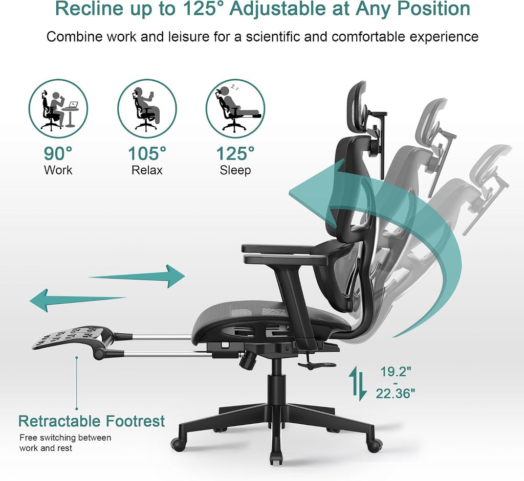 VECELO Swivel Ergonomic High Back Mesh Office Chair with Retractable Footrest, Adjustable Backrest, Tilt Function, 3D Armrests & Headrest, Lumbar Support for Executive/Computer Desk/Task Work, Black