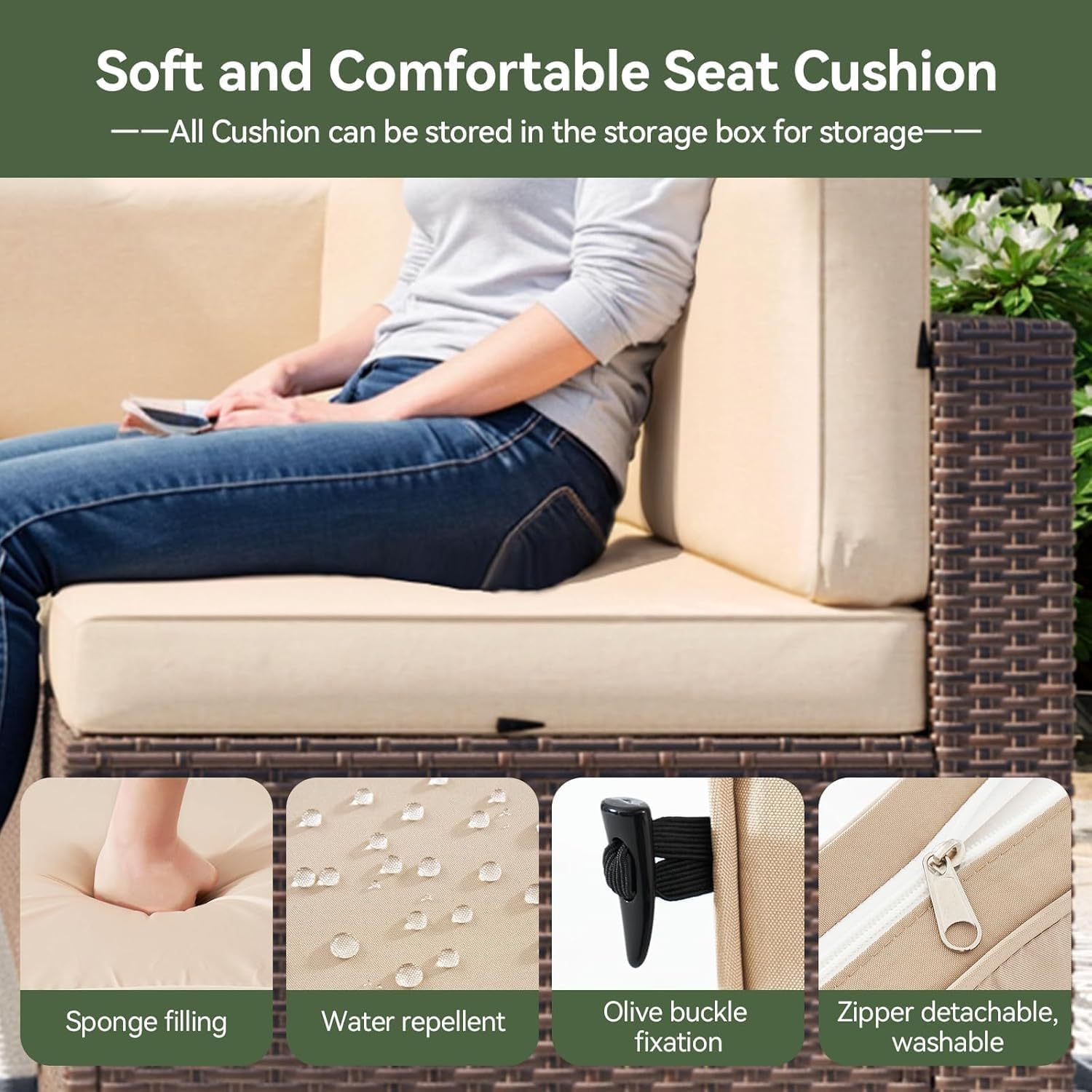 Aoxun 8 Piece Patio Furniture Set, Wicker Rattan Outdoor Furniture Set with Storage Box and Glass Top Table, Patio Sectional Set with Thick Cushions & Waterproof Cover, Beige