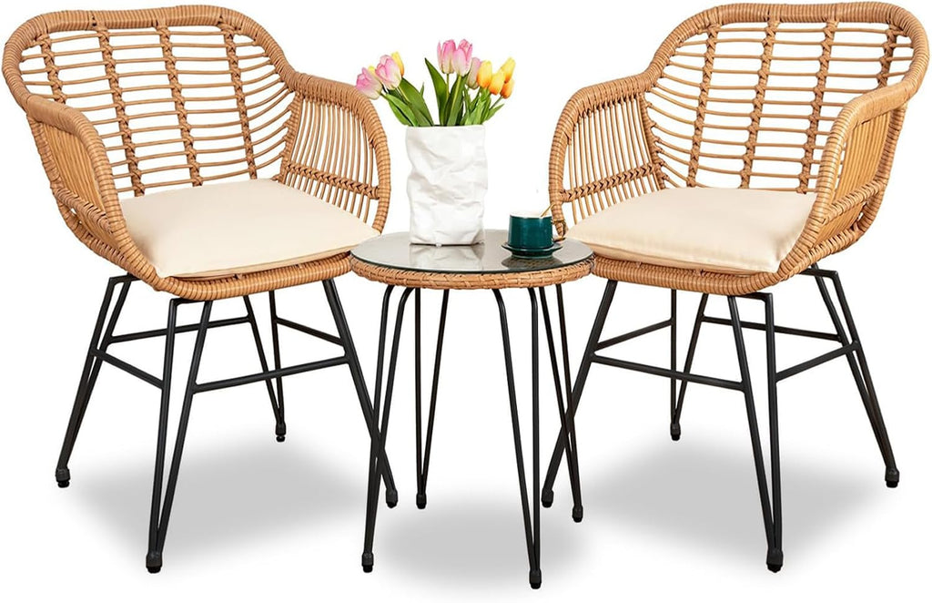 3 Piece Outdoor Wicker Furniture Bistro Set, Rattan Chairs Conversation Sets Wicker Patio Furniture for Balcony Poolside Backyard, Beige