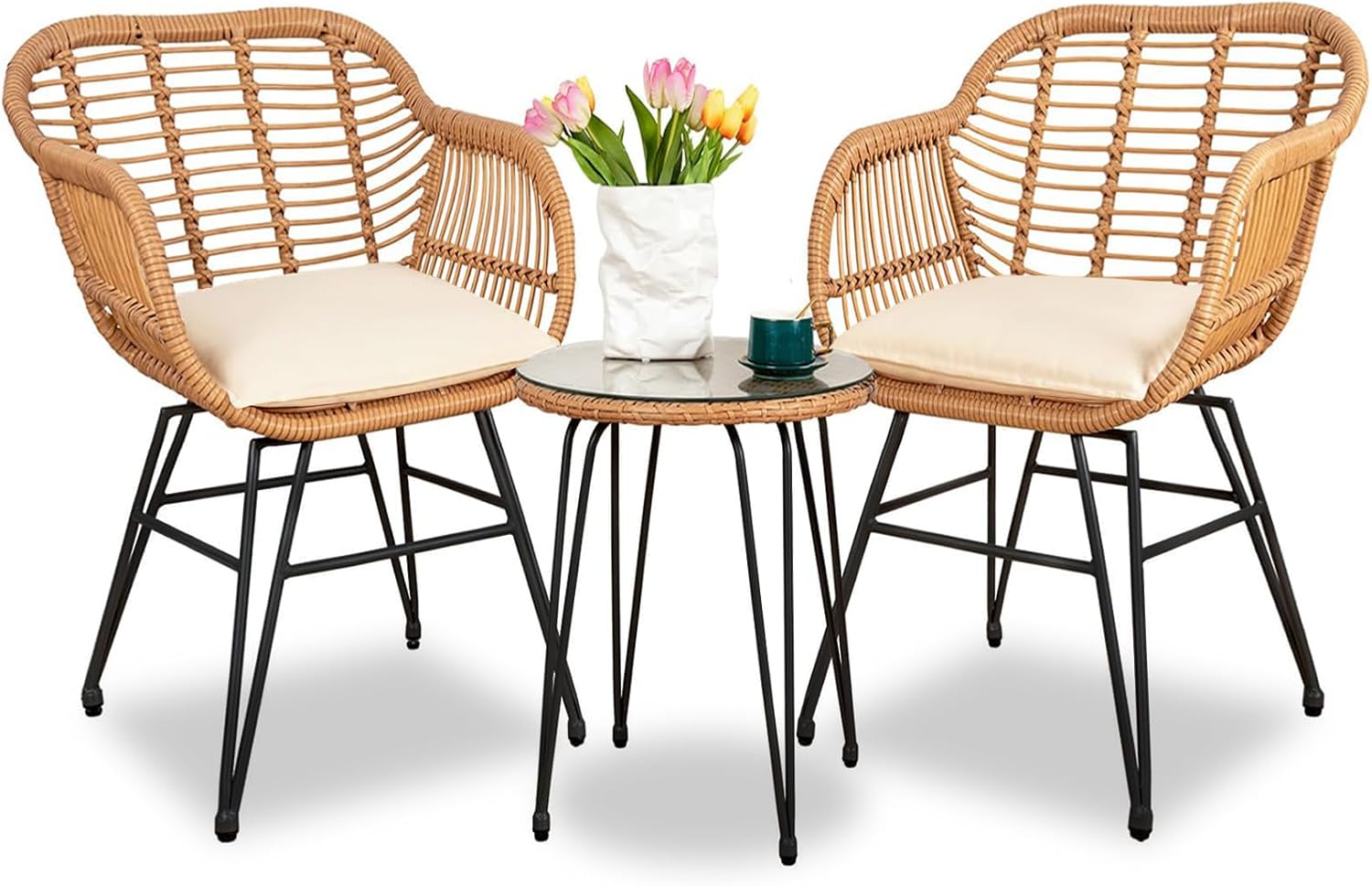3 Piece Outdoor Wicker Furniture Bistro Set, Rattan Chairs Conversation Sets Wicker Patio Furniture for Balcony Poolside Backyard, Beige
