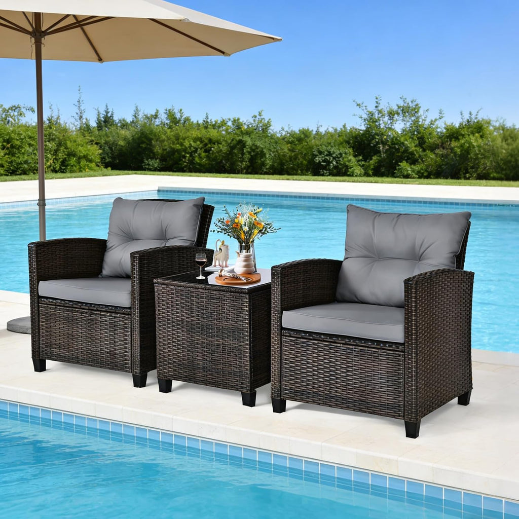 COSTWAY 3PCS Patio Furniture Set, PE Rattan Wicker Sofa w/Washable Cushion and Coffee Table, Tempered Glass Tabletop, Outdoor Conversation Set for Balcony, Porch, Yard, Backyard, Lawn (Grey)
