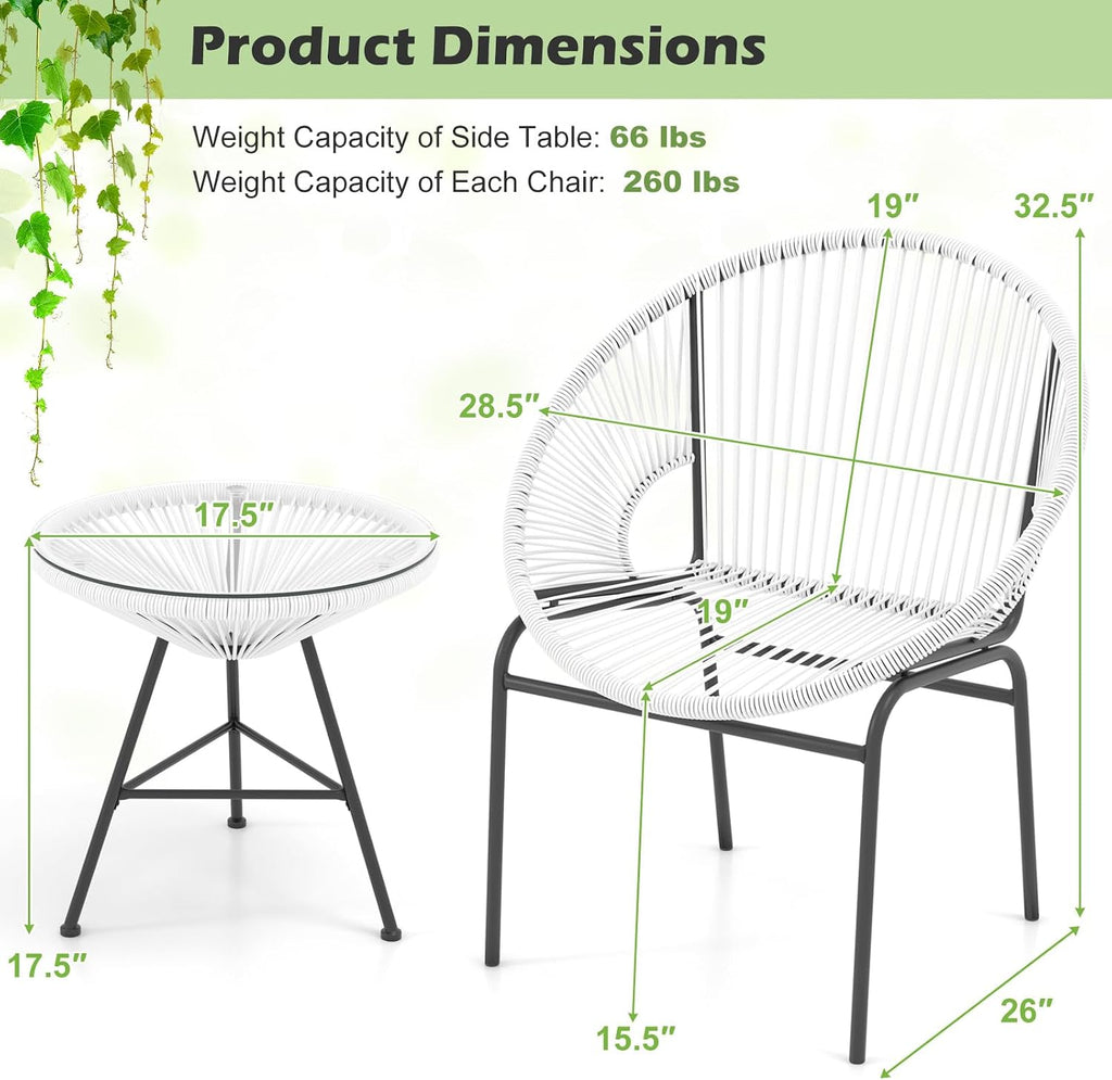 Tangkula 3 Piece Outdoor Patio Furniture Set, Acapulco Chair Set w/Plastic Rope, Tempered Glass Table, All Weather Patio Bistro Set for Patio, Lawn, Garden, Backyard