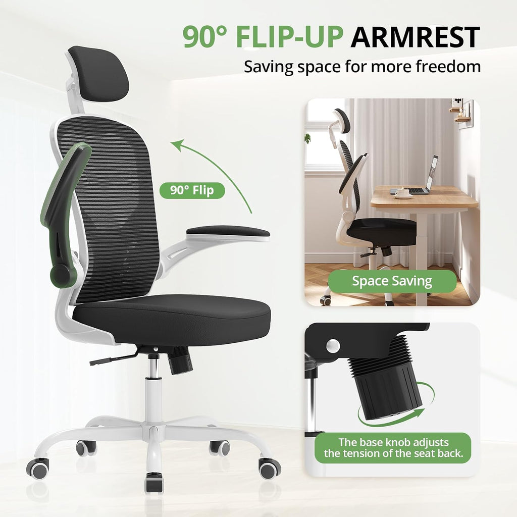 Office Chair Ergonomic Desk Chair, 330LBS Capacity, High Back Computer Design for Long Hours Comfort, Rolling Swivel Executive Task for Home Office with Flip-up Armrests(White Black)