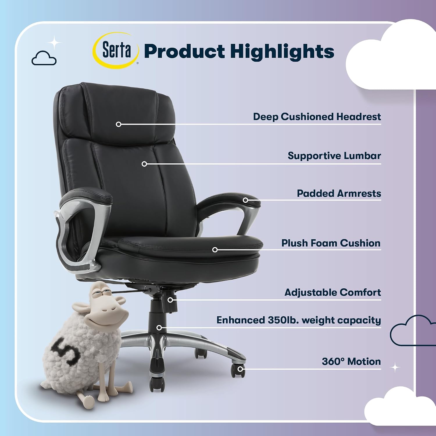Serta Fairbanks Big and Tall Executive Office Chair - Ergonomic High Back Computer Desk Chair with Lumbar Support, Memory Foam Seat Cushion, Padded Armrests, Bonded Leather, 350 lb Capacity - Black