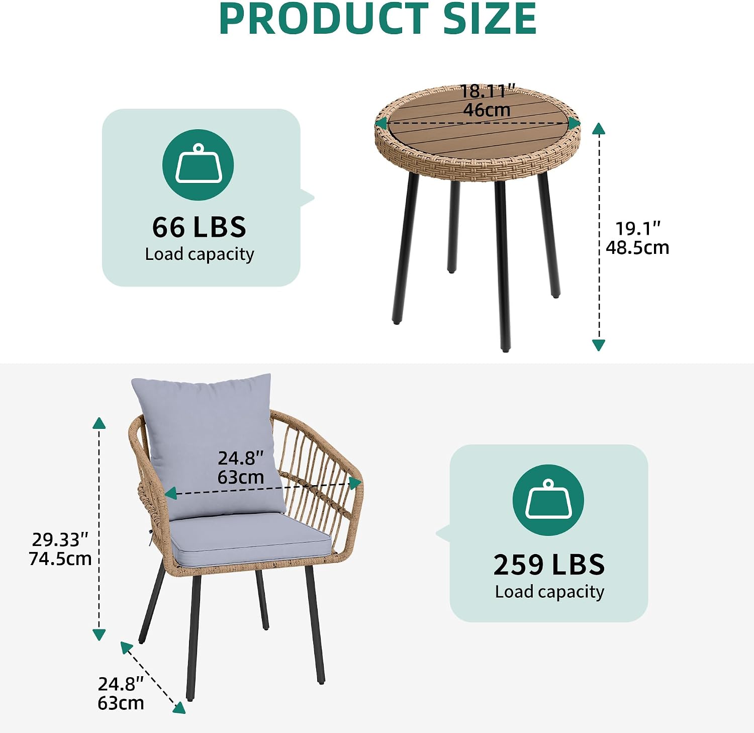 YITAHOME 3 Piece Bistro Set Outdoor with Thick Cushions&Table All-Weather Wicker Patio Furniture Set with Armrest Rattan Conversation Set for Balcony, Backyard, Pool, Porch, Deck - Grey
