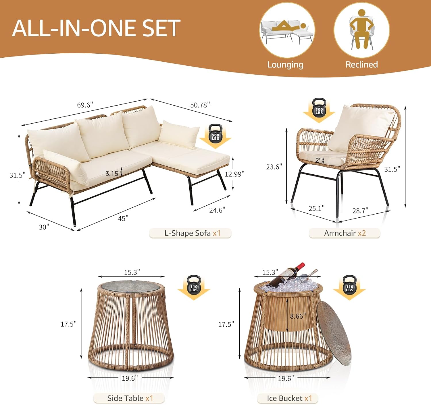 NICESOUL® 6 Pcs Boho Outdoor Patio Furniture Set, High Back L-Shaped Outdoor Couch with Ice Bucket Table, Sturdy Comfy Wicker Sectional Sofa for Garden Balcony Deck Porch or Backyard, Beige