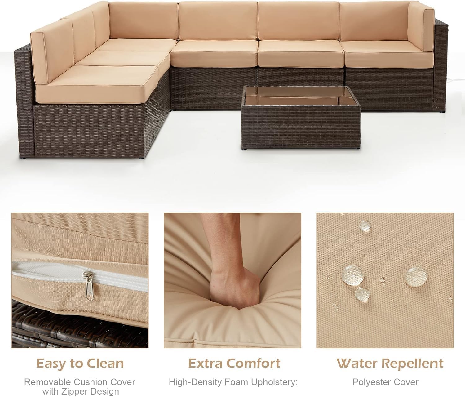 U-MAX 7 PCS Patio Funriture Set with Coffee Table (Four-line Rattan(7 pcs/with Cover), Brown Rattan&Beige)