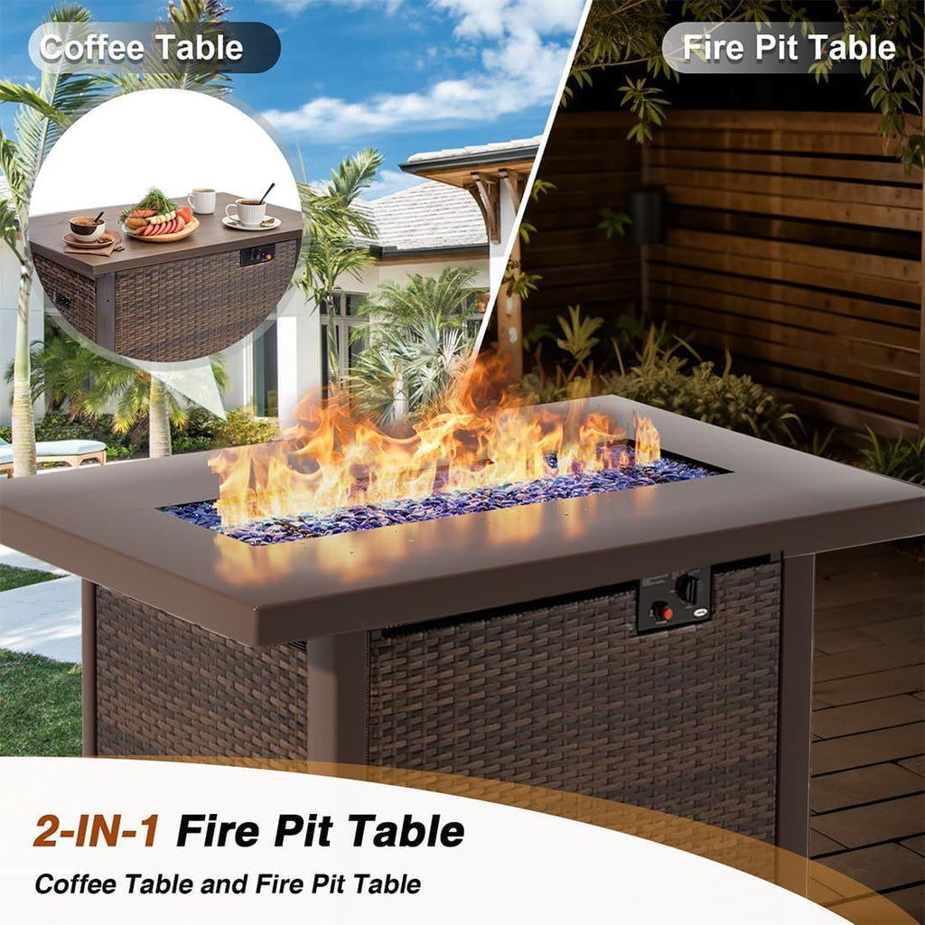 5 Piece Patio Furniture Set with Fire Pit Table, Outdoor Sectional Sofa PE Rattan, Patio Conversation Sets with Cushions for Garden Lawn Balcony Porch Deck Grey