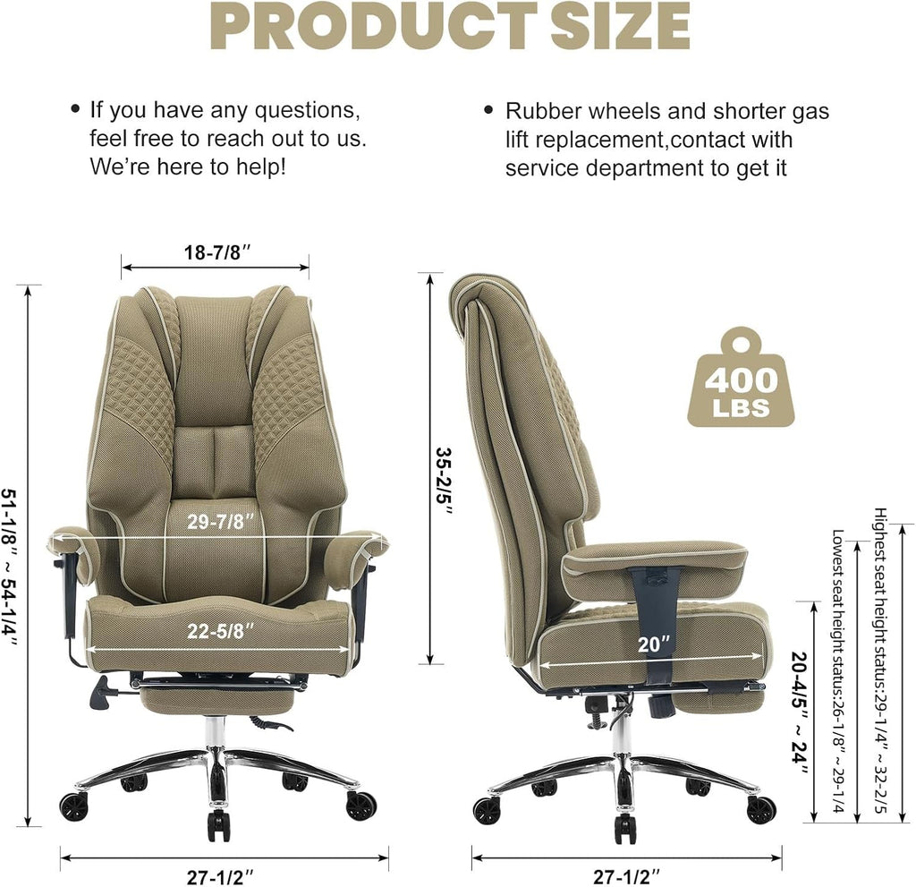 EXCEBET Big and Tall Office Chair 400lbs Wide Seat, Leather High Back Executive Office Chair with Lumbar Support, Ergonomic Chairs Padded Armrests & Thick Cushion (Mesh Green)