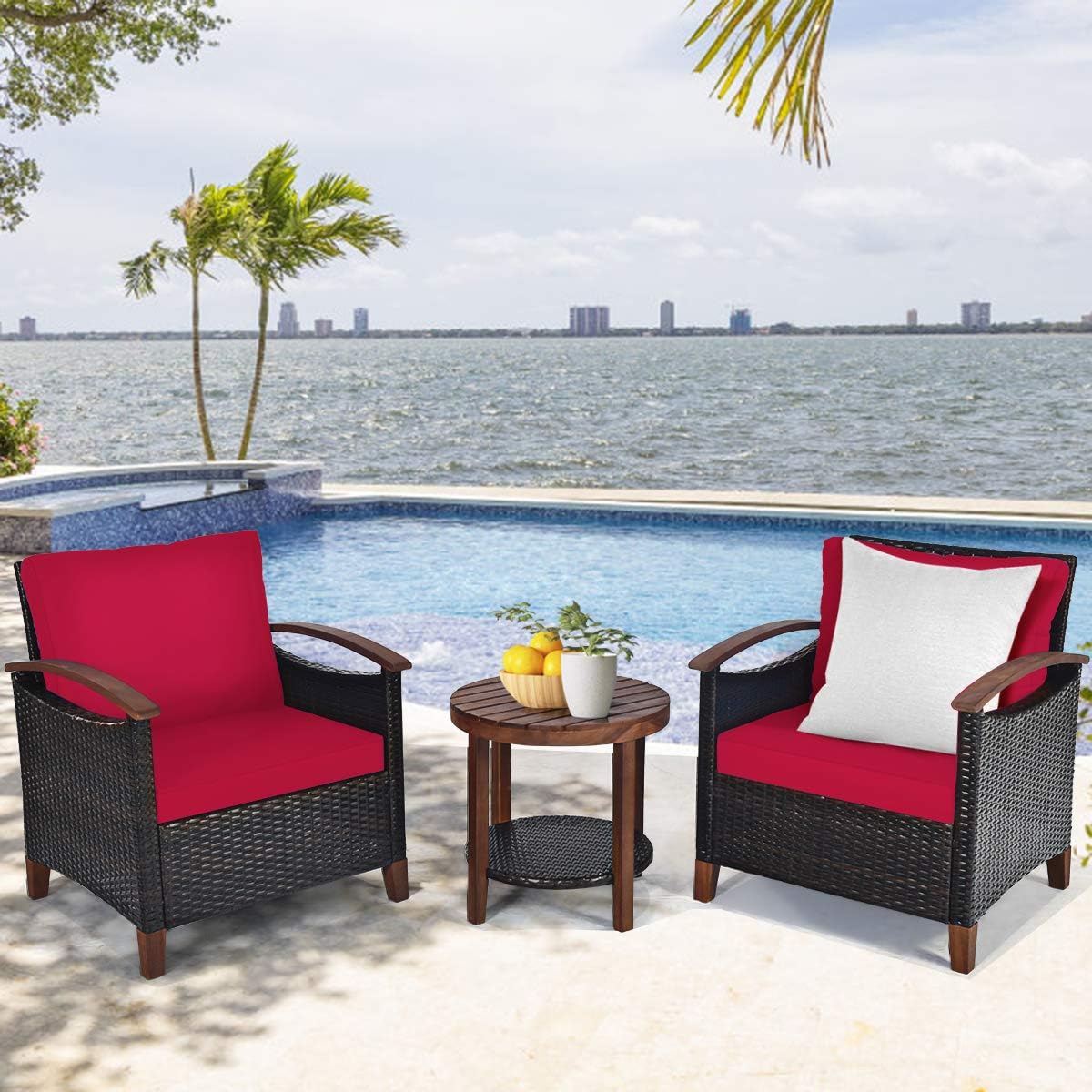 Tangkula 3 Pieces Patio Furniture Set, Outdoor Rattan Sofa and Side Table w/Solid Acacia Wood Frame, High Load Bearing Conversation Bistro Set w/Washable and Removable Cushions (Red)