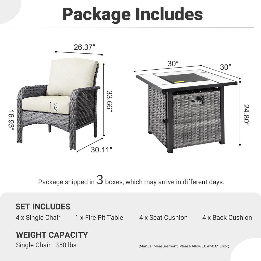 ovios 5-Piece Patio Furniture Set, Outdoor Wicker Sofa with Chairs Fire Pit Table, High Back Rattan Chair with Comfy Cushions for Porch Yard Deck, Beige
