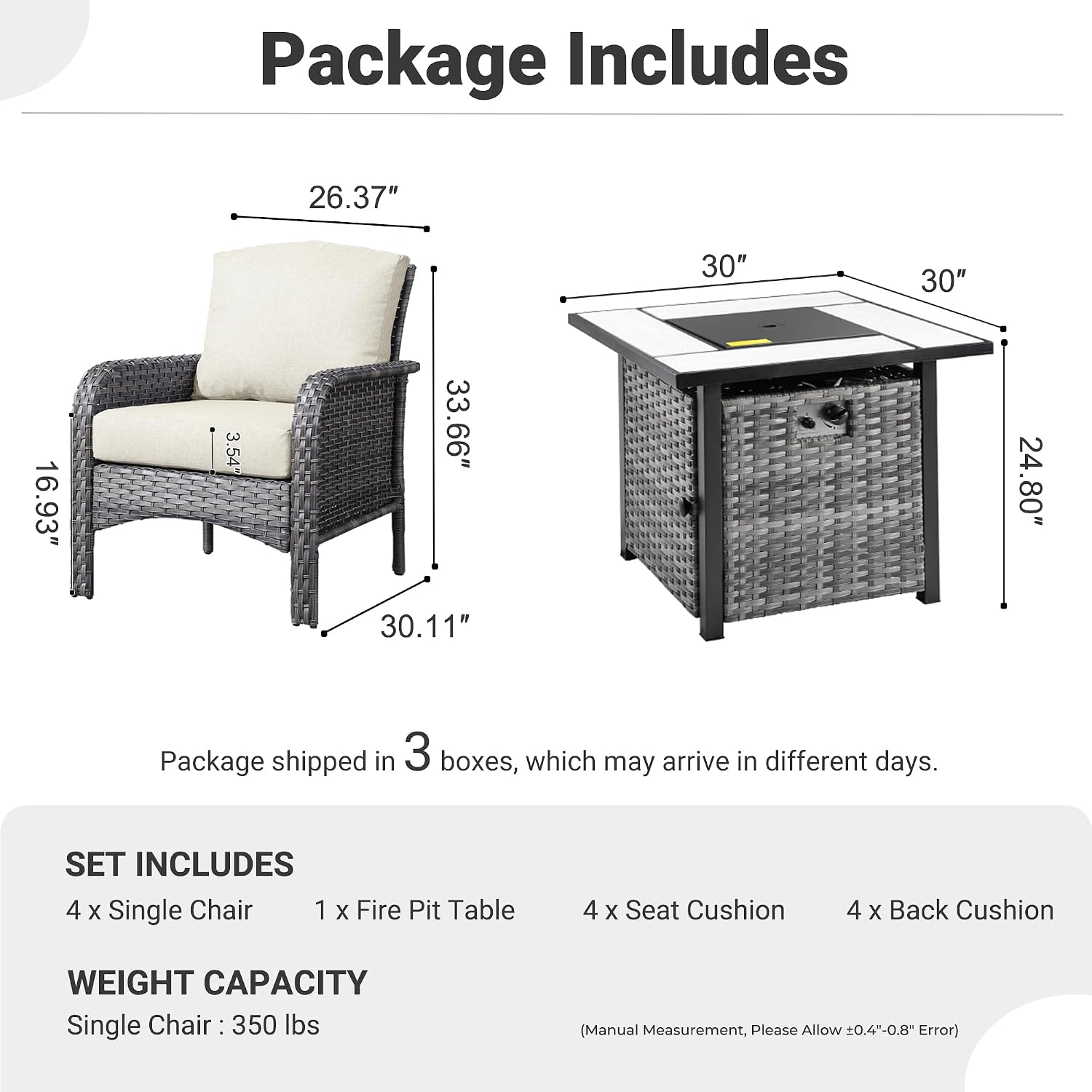 ovios 5-Piece Patio Furniture Set, Outdoor Wicker Sofa with Chairs Fire Pit Table, High Back Rattan Chair with Comfy Cushions for Porch Yard Deck, Beige
