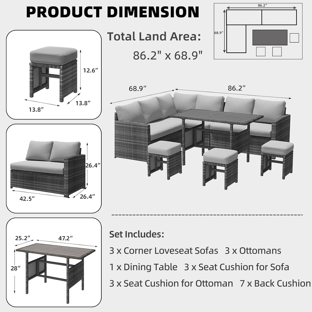 AECOJOY Outdoor Patio Furniture Set with Waterproof Cover, 7 Pieces Clearance Sectional Rattan Dining Table&Chairs, All Weather Wicker Conversation Sofa Couch, Grey Cushions&Grey Rattan
