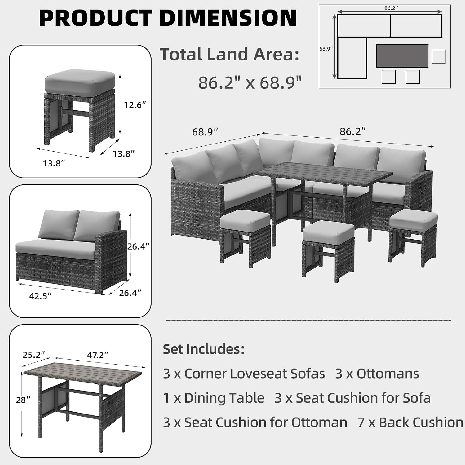 AECOJOY Outdoor Patio Furniture Set with Waterproof Cover, 7 Pieces Clearance Sectional Rattan Dining Table&Chairs, All Weather Wicker Conversation Sofa Couch, Grey Cushions&Grey Rattan