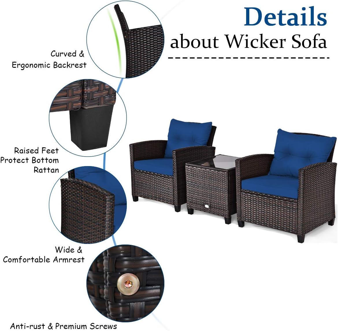 COSTWAY 3PCS Patio Furniture Set, PE Rattan Wicker Sofa w/Washable Cushion and Coffee Table, Tempered Glass Tabletop, Outdoor Conversation Set for Balcony, Porch, Yard, Backyard, Lawn, Navy Blue