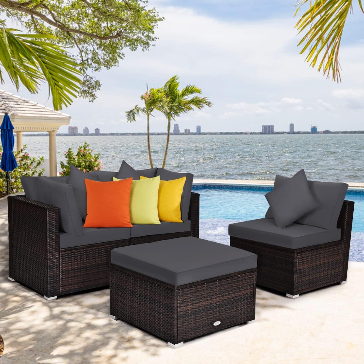 Tangkula 4 Pieces Patio Rattan Sofa Set, Outdoor Wicker Sectional Furniture Set, Patio Conversation Set with Removable Cushions & Pillows for Backyard Porch Garden Poolside Balcony (Gray)