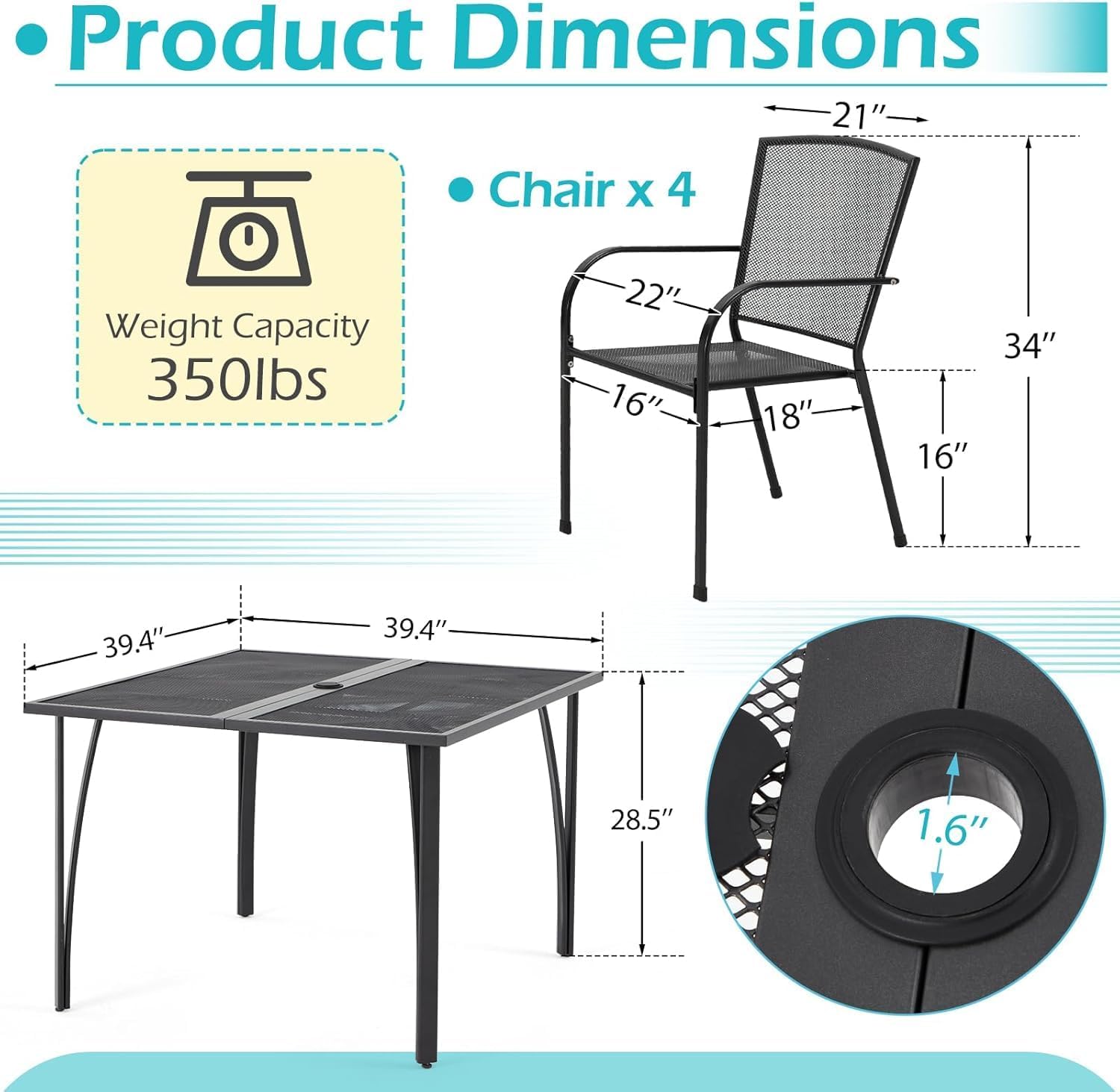 AECOJOY39.4 Outdoor Patio Dining Table and Chairs Set for 4, Square Metal Patio Table with 1.6' Umbrella Hole, All-Weather Resistant Outdoor Furniture Table Set for Patio, Backyard, Garden, Poolside