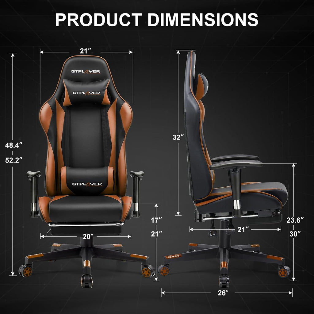 GTPLAYER Gaming Chair with Footrest, Ergonomic Computer Game Desk Chair, Recline Gaming Chair Seat Height Adjustment, Swivel Rocker with Headrest and Lumbar (Brown)